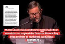 Murcia Laica denuncia el discurso reaccionario de un sacerdote en el pregón de las fiestas de Alcantarilla y exige garantías de neutralidad institucional