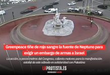 Greenpeace tiñe de rojo sangre la fuente de Neptuno para exigir un embargo de armas a Israel