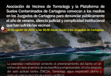Asociación de Vecinos de Torreciega y la Plataforma de Suelos Contaminados de Cartagena convocan a los medios en los Juzgados de Cartagena para denunciar públicamente el año de veneno, silencio judicial y complicidad institucional que han sufrido las vecinas
