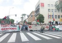 Cientos de personas se concentran frente a la Delegación del Gobierno en solidaridad con el Pueblo Palestino Manifestantes pro-palestinos cortando la calle frente a Delegación de Gobierno | Foto: Dominic D. Skerrett