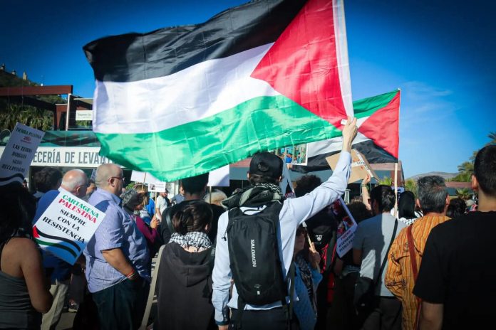 Paseo mixto en Cartagena para denunciar la llegada del buque Chemical Máster con carga procedente de los territorios ocupados por Israel Fotografía de archivo de una manifestación en el puerto de Cartagena en solidaridad con el pueblo palestino | Foto: Dominic D. Skerrett ®