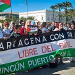 Cartagena se levanta contra la complicidad portuaria con el genocidio en Gaza Uno de los momentos de la movilización en el Puerto de Cartagena. Foto: Dominic D. Skerrett