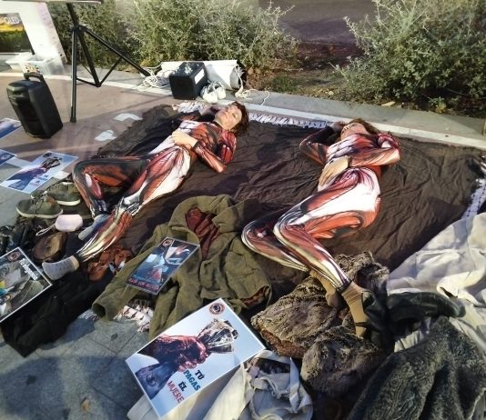 Activistas animalistas denuncian en Alicante la crueldad de la industria peletera y exigen el cierre definitivo de las granjas de pieles en España Activistas animalistas realizan una performance contra la industra peletera frente a El Corte Inglés de Alicante | Foto: Jesús Martínez