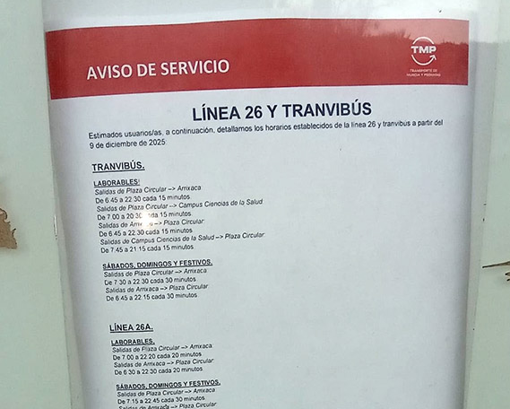 Nuevo horario de la línea 26 de Murcia tras el 9 de diciembre | IU-Verdes Nuevo horario de la línea 26 de Murcia tras el 9 de diciembre | IU-Verdes