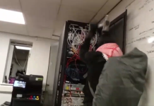 Activistas pro‑Palestinos sabotean fábrica aeroespacial en East Lothian en señal de protesta contra el complejo militar‑industrial Imagen de uno de los activistas martilleando un equipo electrónico | Captura de video