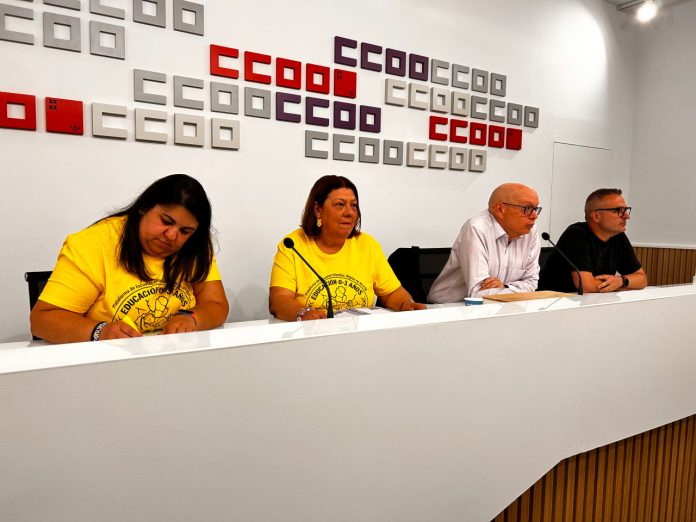 CCOO y la Plataforma 0-3 denuncian la precariedad estructural de la educación infantil en la Región de Murcia Representantes de la Plataforma de 0-3 y del sindicato CCOO esta mañana durante la rueda de prensa | Dominic D. Skerrett