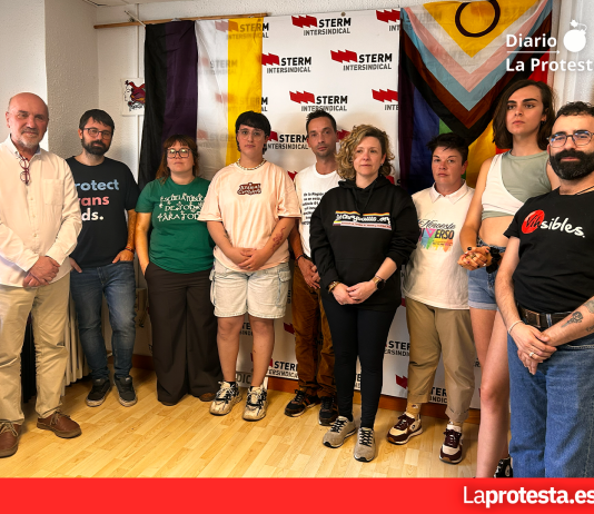 Miembros de la STERM Intersindical y de colectivos LGTBIQA+, junto al diputado regional de IU Jose Luis Álvarez-Castellanos, este miércoles en la Sede del sindicato en Murcia | Dominic D. Skerrett