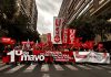 Murcia toma la calle este 1 de Mayo bajo el lema “Derechos, no trincheras. Salarios, vivienda y democracia” La cabecera de la movilización al entrar a Gran Via | Dominic D. Skerrett