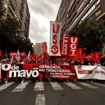 Murcia toma la calle este 1 de Mayo bajo el lema “Derechos, no trincheras. Salarios, vivienda y democracia” La cabecera de la movilización al entrar a Gran Via | Dominic D. Skerrett