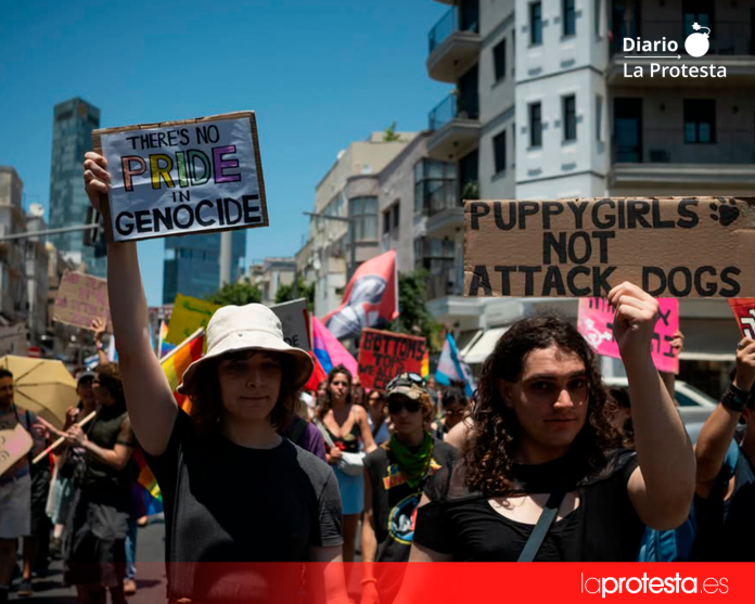 Tel Aviv, territorios de Palestina del 48: activistas antisionistas y personas queer marchando en protesta contra el pinkwashing, el genocidio y contra cualquier tipo de opresión por parte del Estado sionista | Foto de @jess__flom