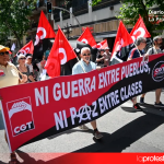 Madrid sale a la calle contra el rearme, la militarización y el comercio de armas e manifestantes recorren el centro de Madrid para exigir más inversión social y menos gasto militar durante la jornada europea contra el rearme. Foto: CGT Madrid