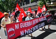 Madrid sale a la calle contra el rearme, la militarización y el comercio de armas e manifestantes recorren el centro de Madrid para exigir más inversión social y menos gasto militar durante la jornada europea contra el rearme. Foto: CGT Madrid