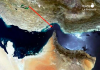 desde satelite Vista satelital del Estrecho de Ormuz, uno de los principales puntos de estrangulamiento del comercio energético mundial y eje estratégico clave | straitof-hormuz.com