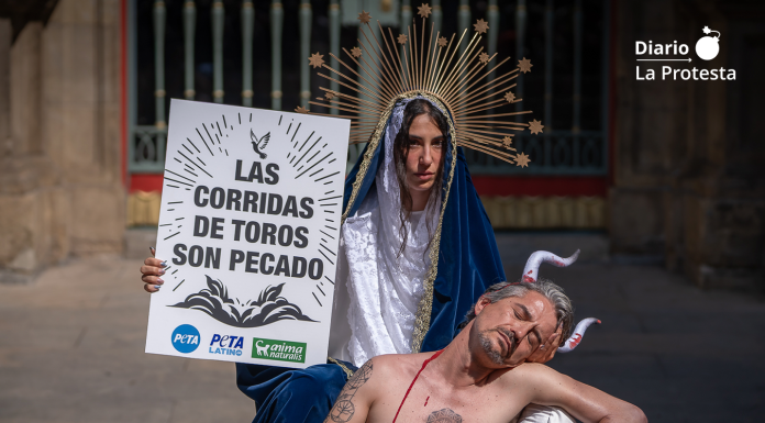 Activistas de AnimaNaturalis y PETA durante la protesta celebrada en la víspera de los Sanfermines de 2025, en Pamplona, para denunciar la tauromaquia y exigir el fin de las corridas de toros | @Rolandainyo