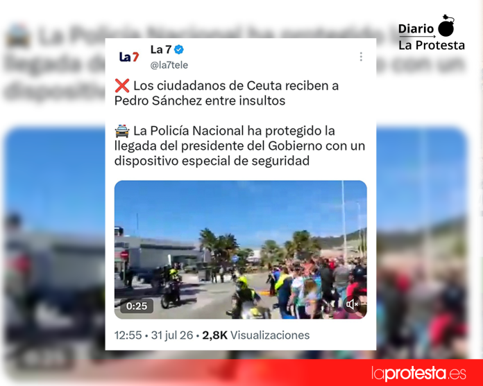 Captura del mensaje publicado por La 7 en la red social X, donde difunde un vídeo grabado en mayo de 2021 para ilustrar la visita de Pedro Sánchez a Ceuta en julio de 2026.