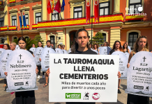 Un cementerio de lápidas con nombres de toros muertos denuncia frente al Ayuntamiento de Murcia la violencia de la tauromaquia Participantes en la concentración sostuvieron las lápidas durante la acción celebrada este domingo frente al Ayuntamiento de Murcia | Foto.- Dominic D. Skerrett
