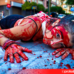 Imagen de archivo de una activista antitaurina durante una performance frente a la plaza de toros de Murcia para denunciar el sufrimiento y la muerte de los animales utilizados en los festejos taurinos en 2024 | Foto.- Dominic D. Skerrett