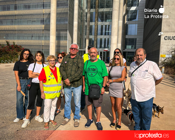 Activistas del movimiento por el derecho a la vivienda a las puertas de la Ciudad de la Justicia este pasado lunes | Foto.- Dominic D. Skerrett